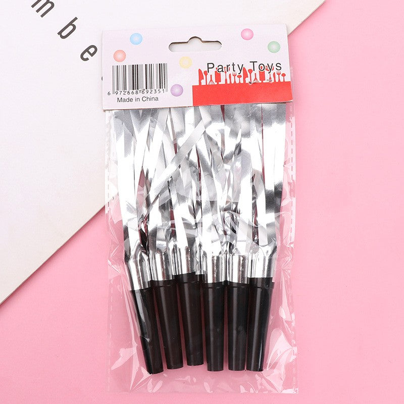 Set 6 Fluiere Party cu Franjuri, Vivimall, din Plastic, Argintiu - vivimall.ro