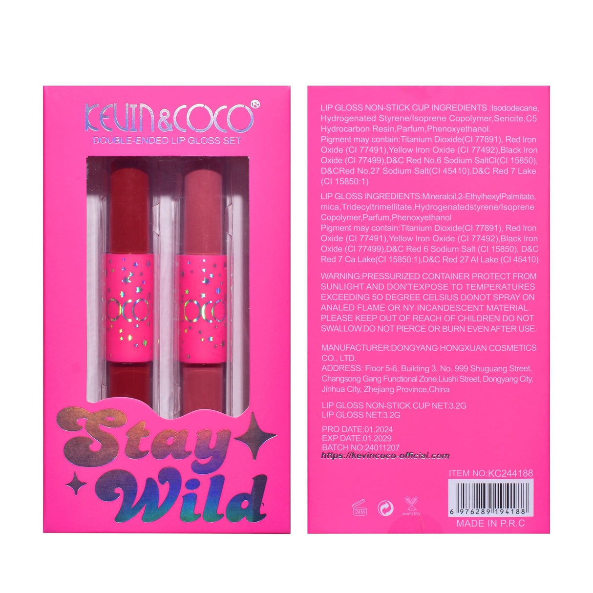 Set de Buze, KEVIN & COCO, Stay Wild 4 Culori, 2 Gloss-uri si 2 Rujuri Mate, 15.1 x 8.1 x 2cm, Roz/Rosu - vivimall.ro