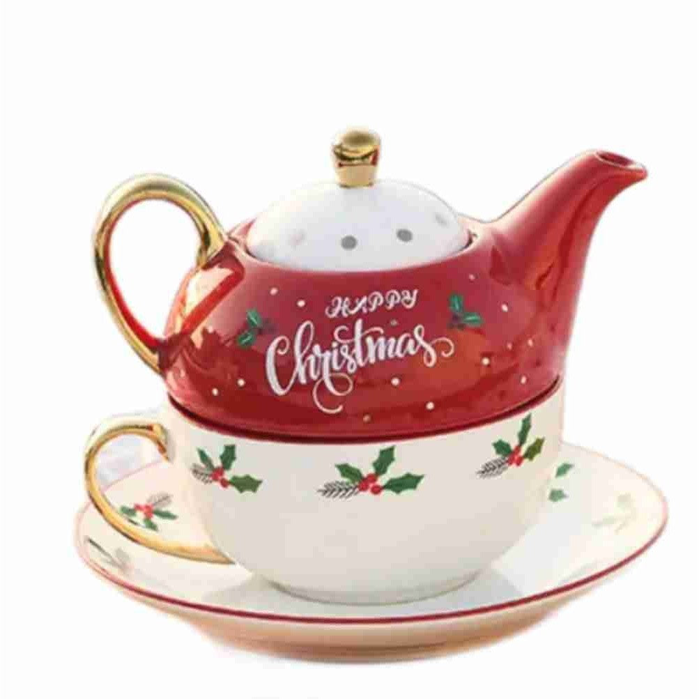 Set de Ceai, Vivimall, Tema Craciun, Ceainic 420 ml, Cana 310 ml, din Portelan, Model Happy Christmas, Rosu, Resigilat - vivimall.ro