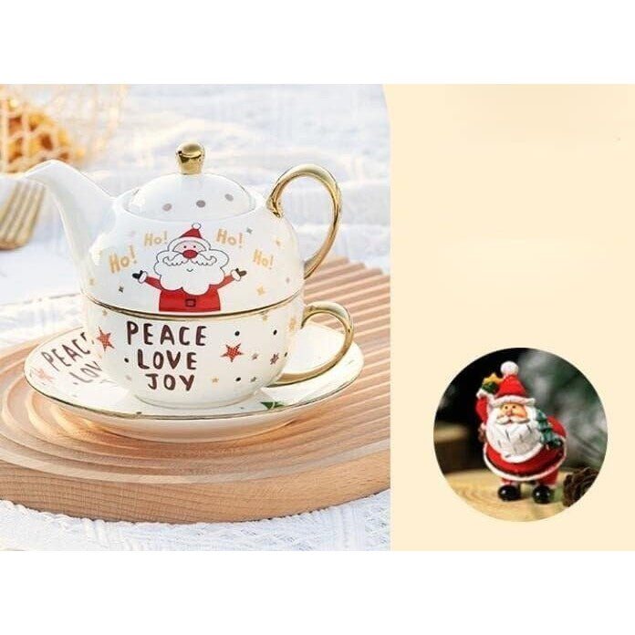 Set de Ceai, Vivimall, Tema Craciun, Ceainic 420 ml, Cana 310 ml, Farfurie, din Portelan, Model Mos Craciun, Alb - vivimall.ro