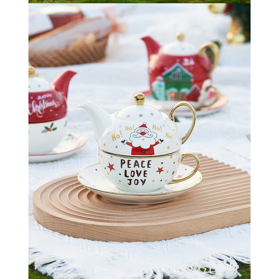Set de Ceai, Vivimall, Tema Craciun, Ceainic 420 ml, Cana 310 ml, Farfurie, din Portelan, Model Mos Craciun, Alb, Resigilat - vivimall.ro