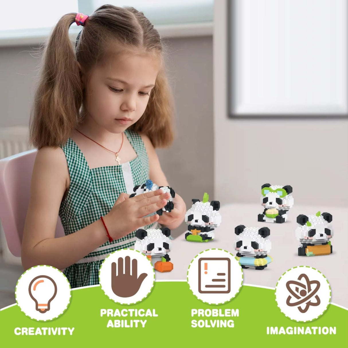 Set de Constructie, Flippy, Model Panda cu Umbrela, 153 Piese, Model 3D, Jucarie Educativa STEM, +6 Ani, Plastic ABS, 7.8 x 4.1 x 11.3 cm, Roz - vivimall.ro