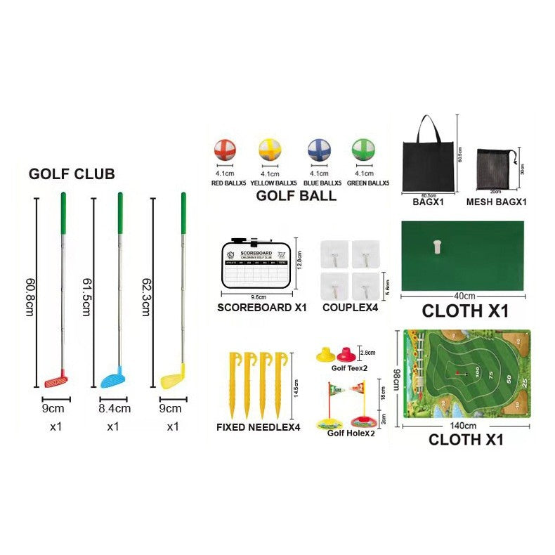 Set de Golf, Vivimall, Interactiune Parinte-Copil, Covor de Golf, 140 x 98 cm, 4 Mingii cu Scai, 3 Crose Reglabile, Model B, +3 Ani, Multicolor - vivimall.ro