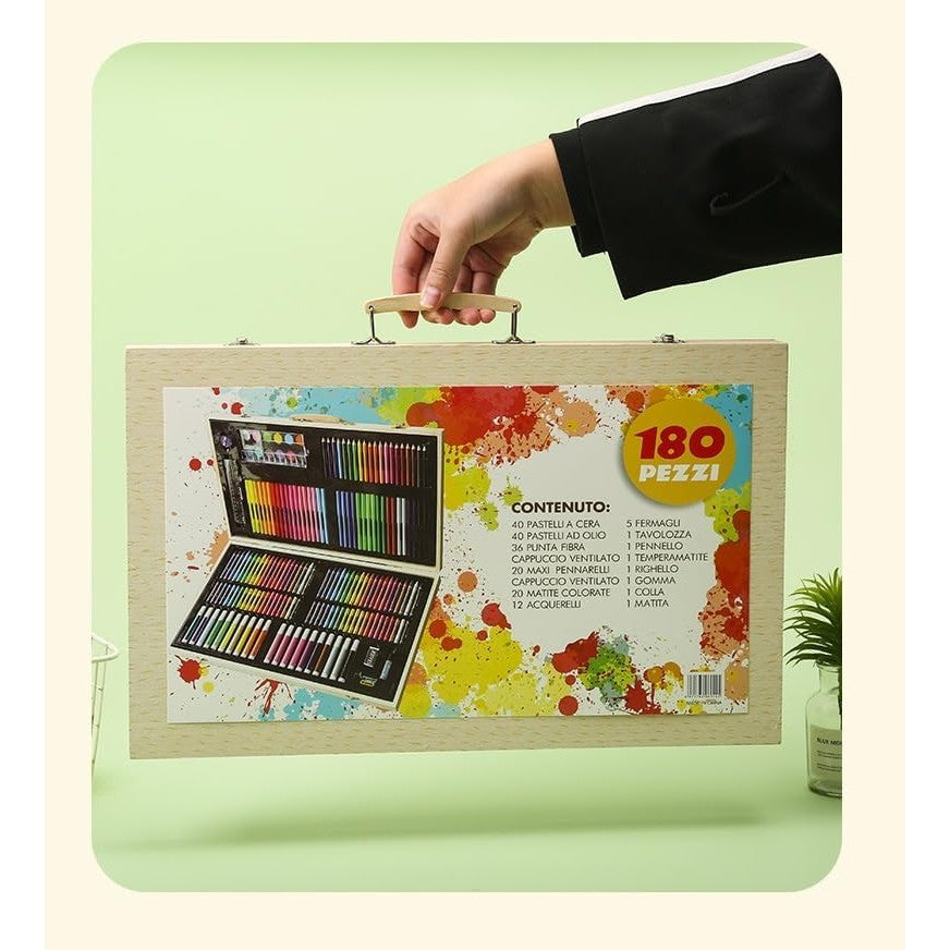 Set 180 Piese pentru Desen si Pictura, Vivimall, Tip Servieta din Lemn, Model Natur, 46 x 30.9 x 4.1 cm, Multicolor - vivimall.ro