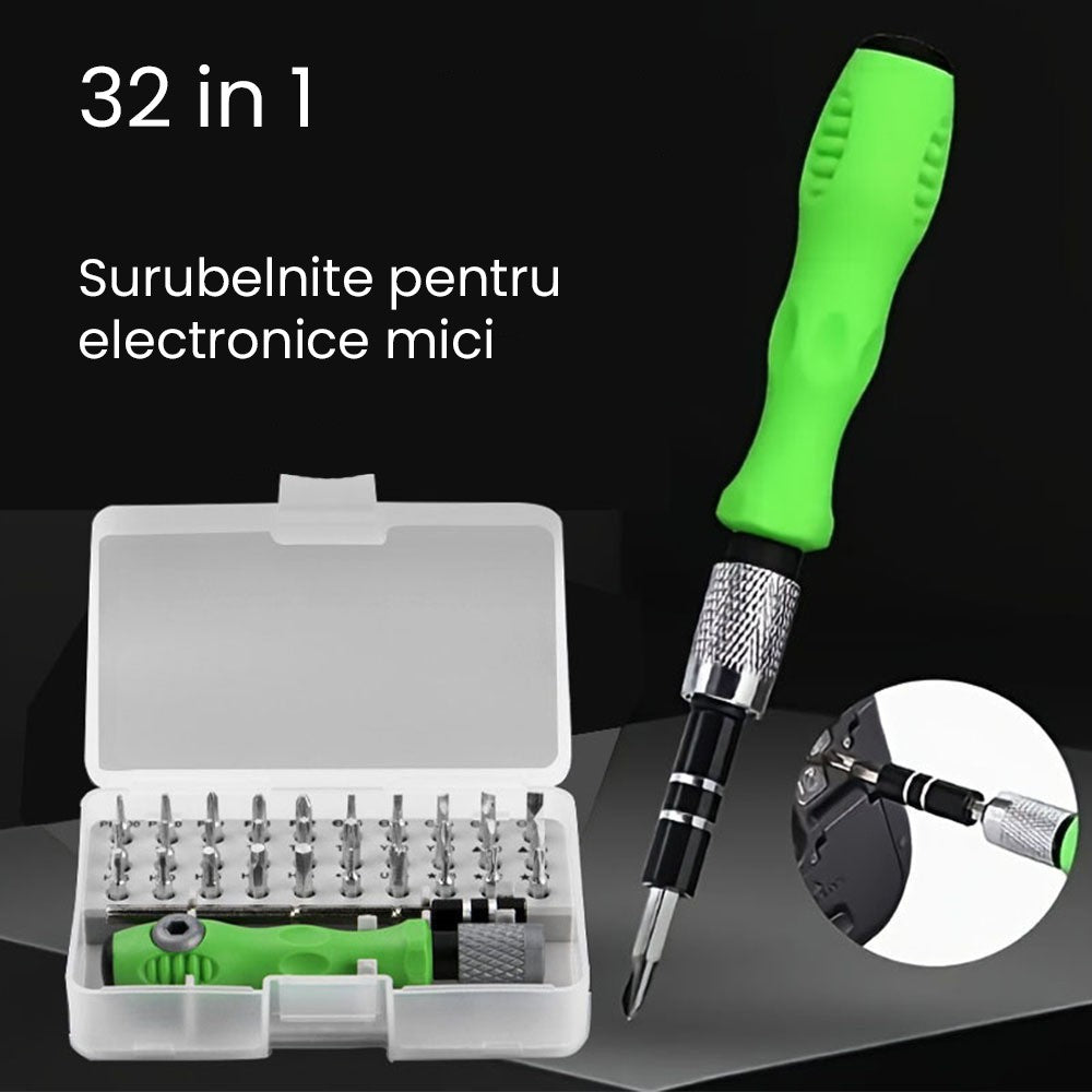 Set de Surubelnite 32-in-1 cu Clichet, Flippy, Cromate, Set de Uz Casnic pentru Repararea Electronicelor Mici, Maner durabil Verde, 10.5 x 7 x 3 cm, Gri