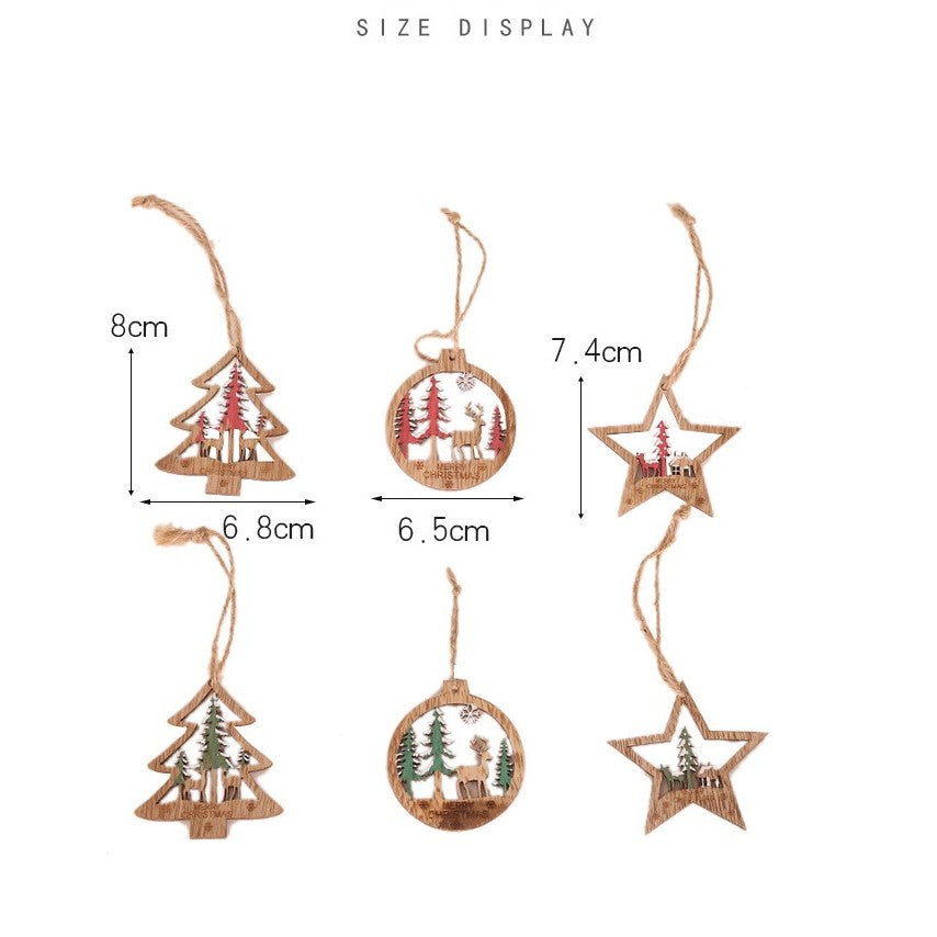 Set 6 Decoratiuni de Craciun din Lemn, Vivimall, cu Snur pentru Agatare in Brad, Model Brad, Glob si Steluta, Verde - vivimall.ro