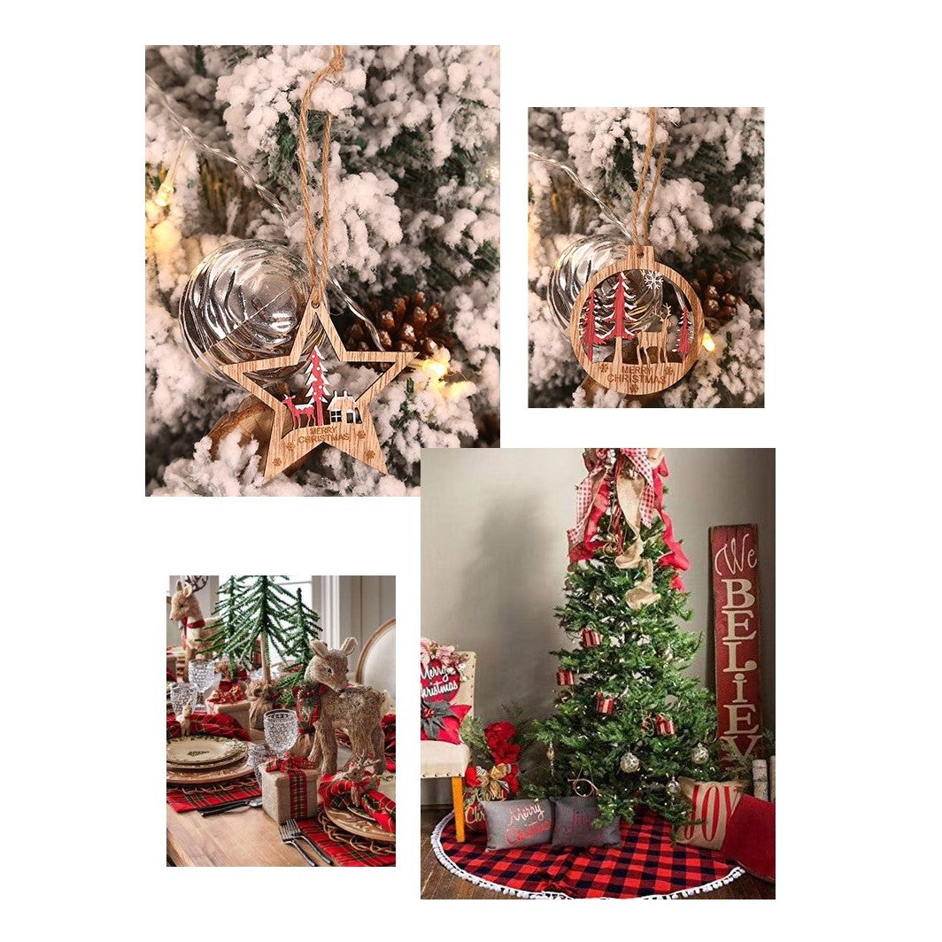 Set 6 Decoratiuni de Craciun din Lemn, Vivimall, cu Snur pentru Agatare in Brad, Model Brad, Glob si Steluta, Verde - vivimall.ro