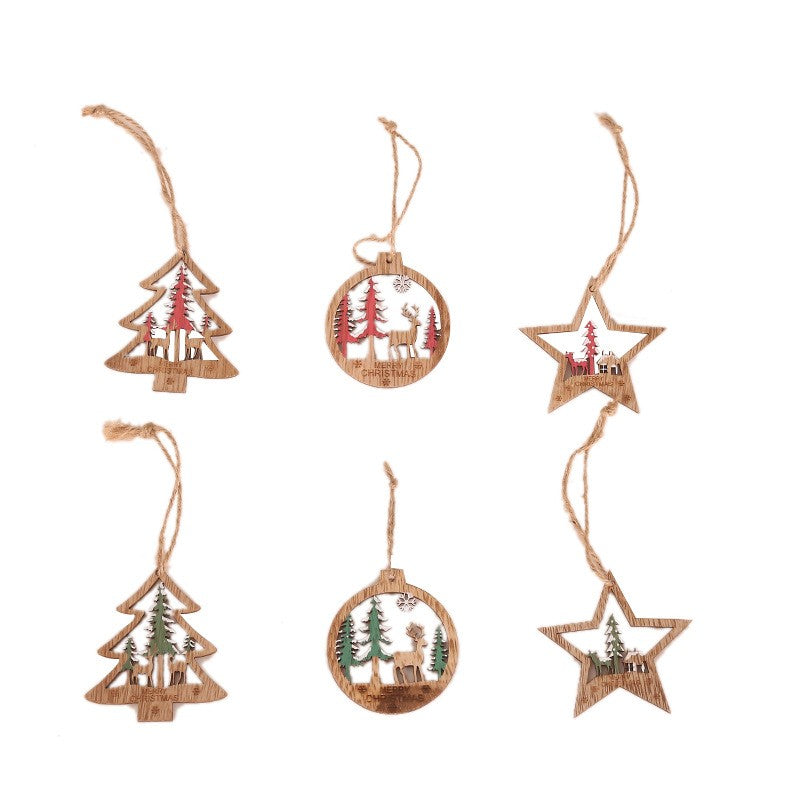 Set 6 Decoratiuni de Craciun din Lemn, Vivimall, cu Snur pentru Agatare in Brad, Model Brad, Glob si Steluta, Verde - vivimall.ro