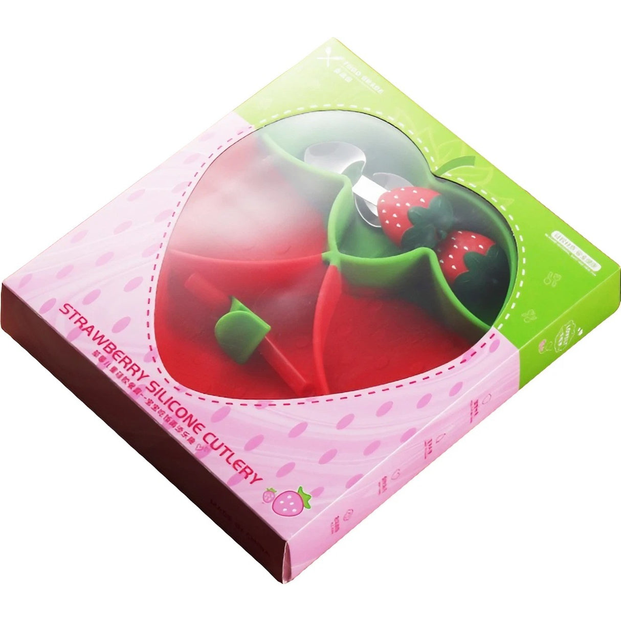 Set diversificare bebelusi Vivimall, din silicon, 19 x 18 cm, 1 farfurie compartimentata in forma de capsuna, lingurita si furculita, pai, perie pai, fara alergeni, ventuza fixare, forma creativa, rosu - vivimall.ro