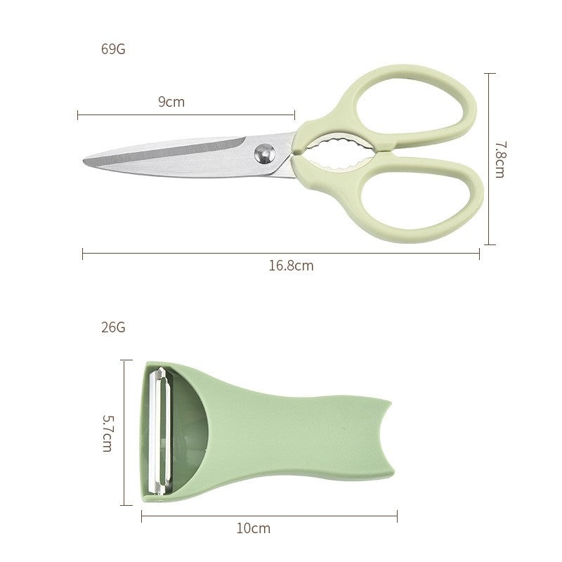 Set foarfeca pentru bucatarie Vivimall, curatator legume tip suport, multifunctional, spargator nuci, material ABS si otel inoxidabil, maner ergonomic, 16.8 x 7.8 x 1 cm, verde - vivimall.ro