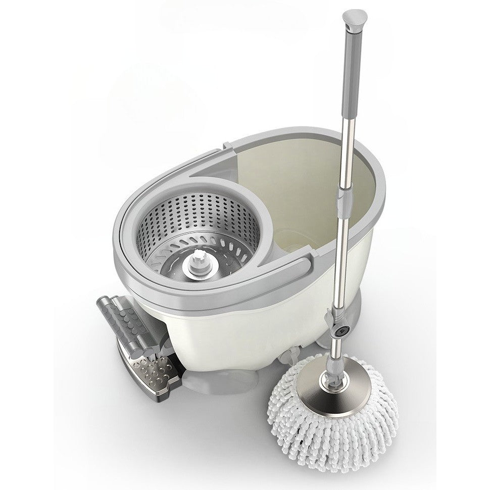 Set Galeata cu Pedala si Mop Rotativ 360°, Vivimall, Cu Actiune Centrifuga x4, Pentru Uz Casnic, Maner din Otel Inoxidabil Telescopic, 2 Capte din Bumbac, 46x30x28 cm, Alb Ivoir - vivimall.ro