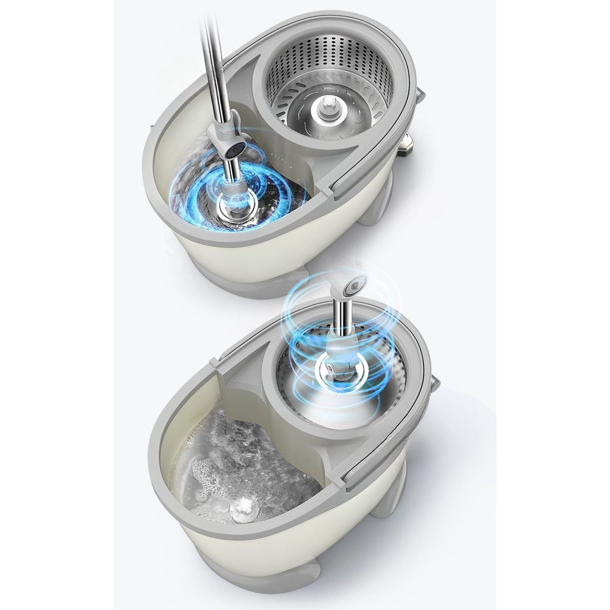 Set Găleată Cu Pedală, Și Mop Rotativ 360, Cu Acțiune Centrifugă, X4, Pentru Uz Casnic, Mâner Din Oțel Inoxidabil Telescopic, 2 Capete Din Bumbac, 46x30x28 cm, Alb-Ivoriu - vivimall.ro