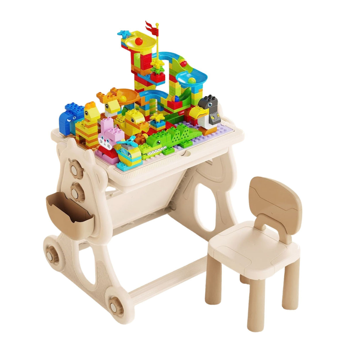 Masă educativă Flippy 4în1 cu scaun și 178 piese, compatibilă LEGO Duplo, culoare bej, vedere frontală