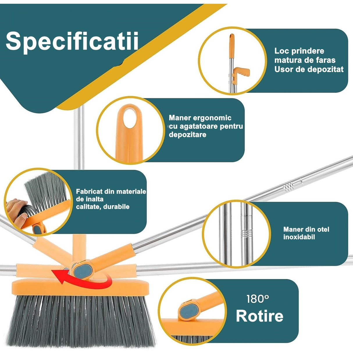 Set Matura si Faras cu Coada Detasabila, Vivimall, cu Dinti de Pieptene pentru Curatare Matura, rotativ, pliabil, Otel inoxidabil si Polipropilena, portocaliu, Resigilat - vivimall.ro