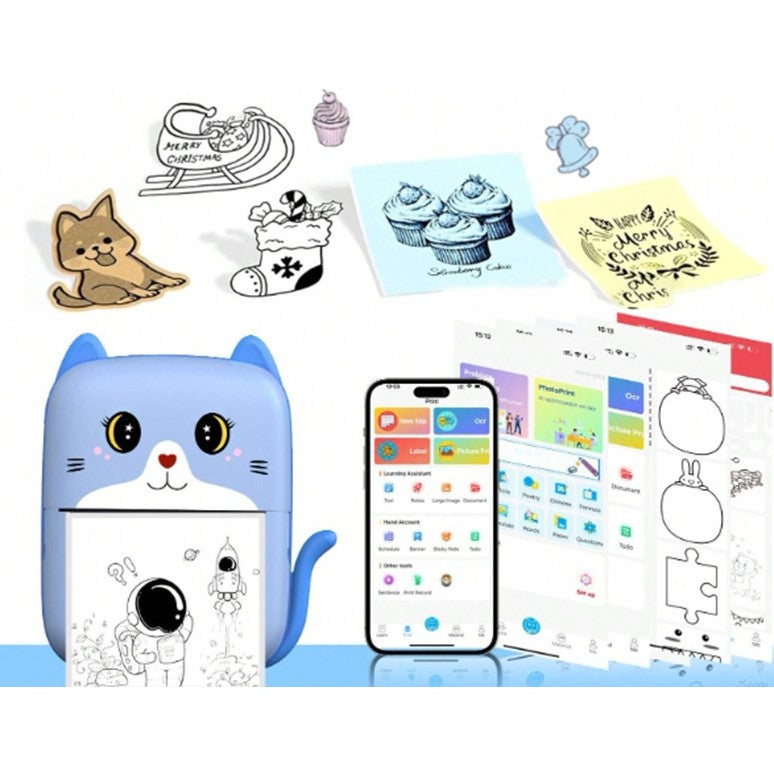 Set Mini Imprimanta Foto Portabila, Vivimall, Include: 1x Set de Markere, 5x Role de Hartie Termica, 5x Role Hartie Adeziva, Incarcare USB, Bluetooth, Print Alb-Negru, Model Pisicuta, Albastru - vivimall.ro