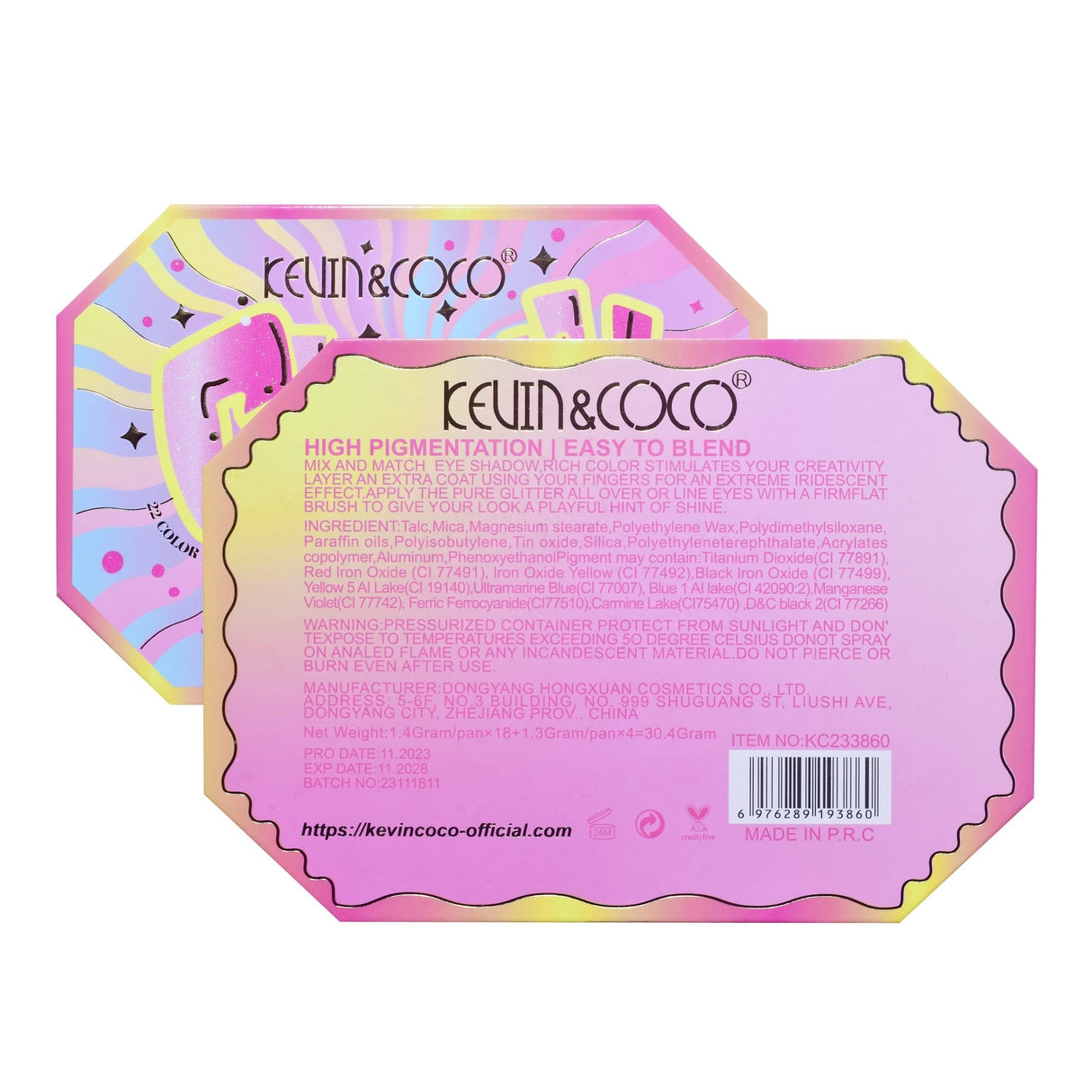 Paleta de Machiaj, KEVIN & COCO, Pink Cherry, Fard de Pleoape, 22 culori, 19 x 13.7 x 1.3 cm - vivimall.ro