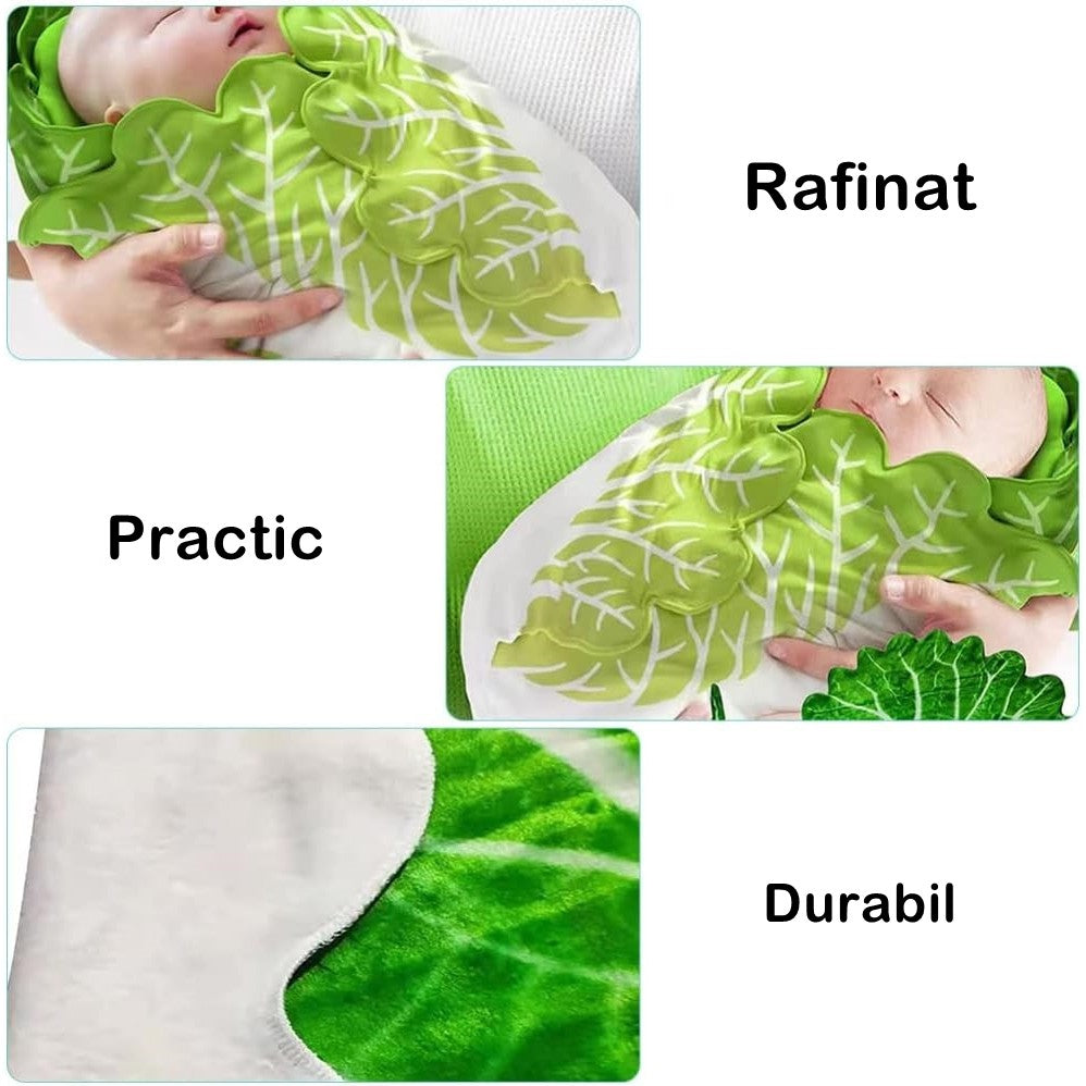 Set patura flanel si caciula Vivimall, forma frunza de salata, pentru nou-nascuti, material poliester, 85 cm, verde - vivimall.ro
