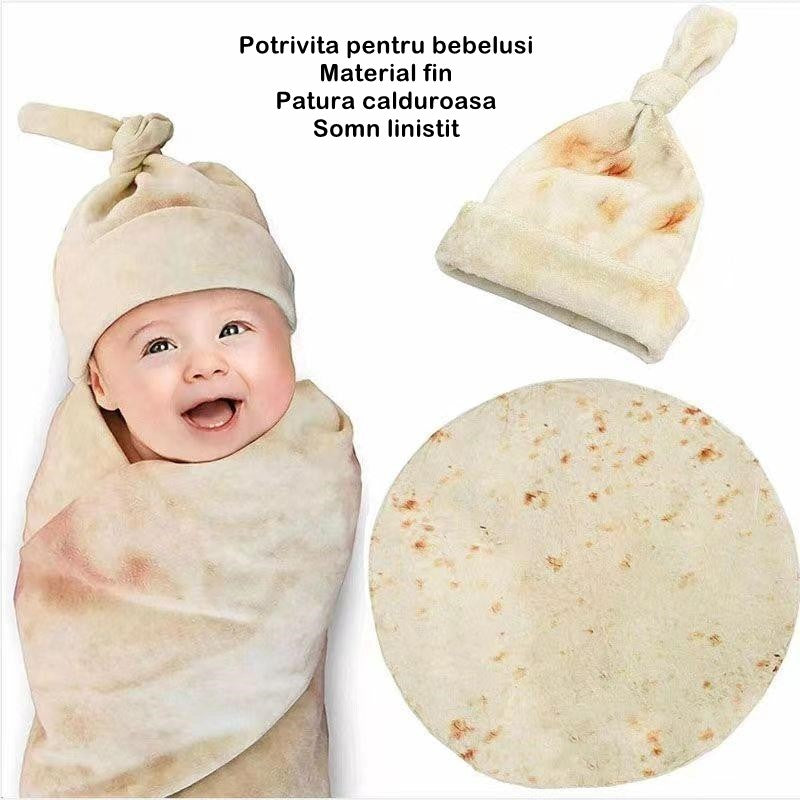 Set patura flanel si caciula Vivimall, forma lipie, pentru nou-nascuti, material poliester, 85 cm, crem - vivimall.ro