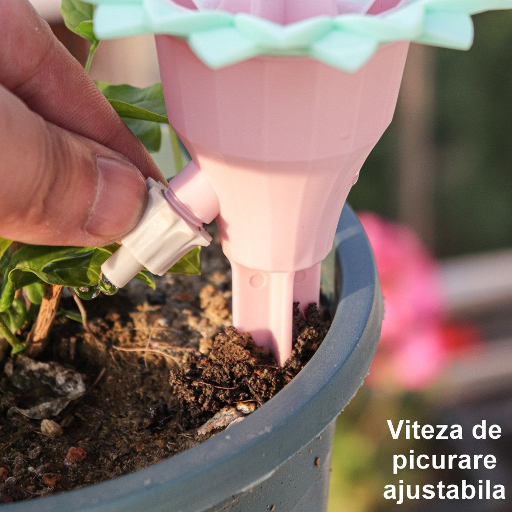 Csepegtető készlet, szeleppel, öntözéshez, virágmintás, állítható sebesség, bepattintható rögzítés, praktikus, 16,8 x 9 cm, rózsaszín