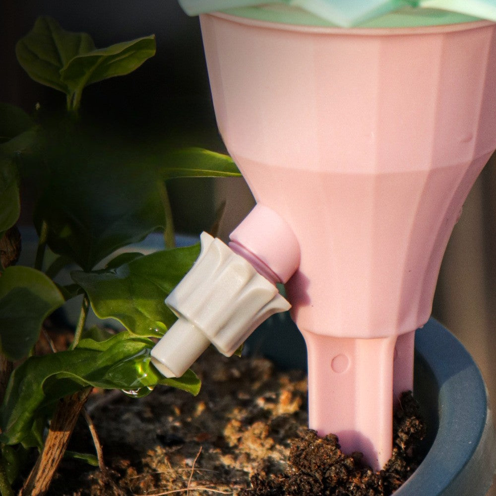 Csepegtető készlet, szeleppel, öntözéshez, virágmintás, állítható sebesség, bepattintható rögzítés, praktikus, 16,8 x 9 cm, rózsaszín