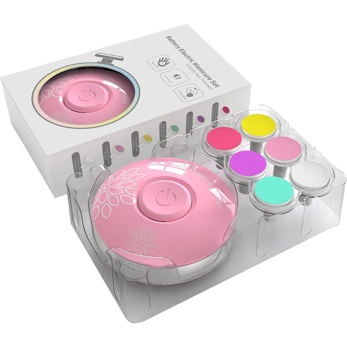 Set Pila Electrica cu Baterie, Vivimall, pentru Copii si Bebelusi, din ABS, 6 Accesorii, Model cu Flori, 6.5 x 1.8 cm, Roz - vivimall.ro