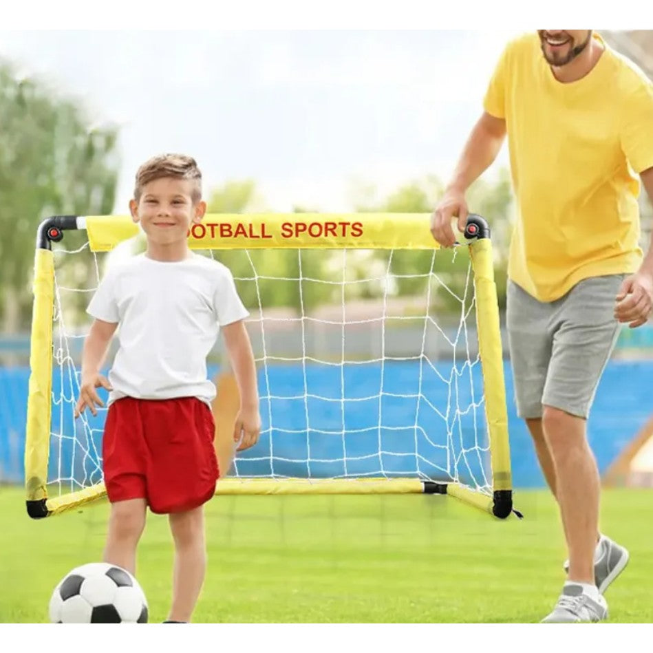 Set Poarta de Fotbal pentru Copii, Vivimall, 80x120 cm, Minge, Cartonase, Pompa, Fluier, Interactiv, Distractiv, Galben - vivimall.ro