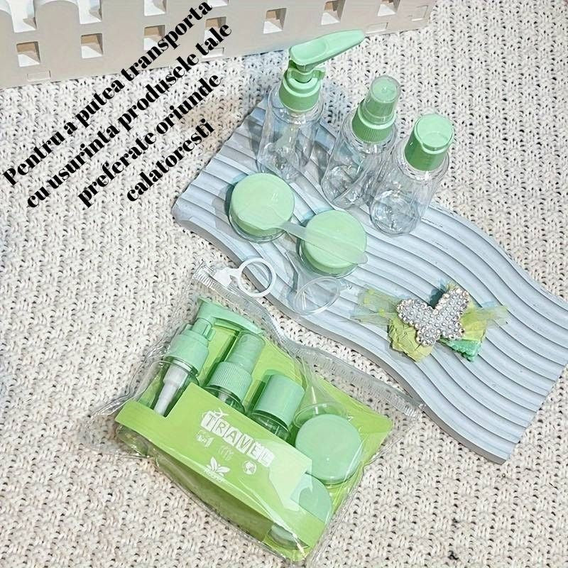 Set Recipiente pentru Cosmetice, Vivimall, 5 Piese, cu Gentuta, pentru Calatorii, Reutilizabile, Verde, Material Plastic, 40 ml, 10g - vivimall.ro