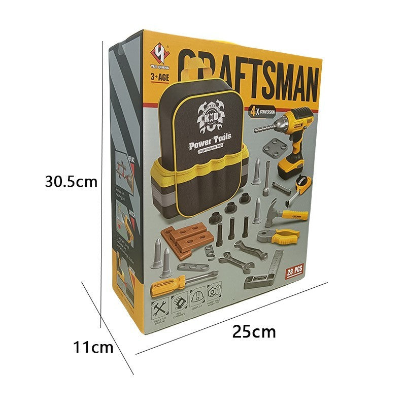 Set Scule de Jucarie pentru Copii, Vivimall, Ghiozdan cu Bormasina si Accesorii Incluse, 28 Piese, Material Plastic Durabil, Interactiv, +3 Ani, 30.5x25x11 cm, Negru/Portocaliu - vivimall.ro