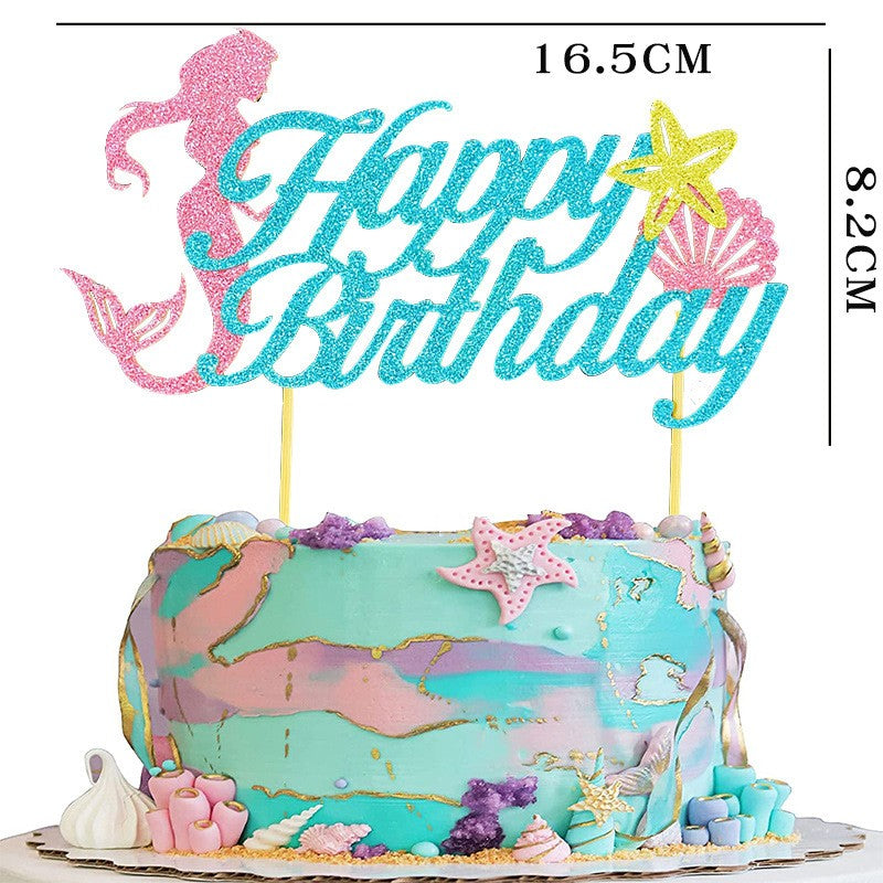 Set Toppere pentru Tort si Prajituri, Vivimall, Tematica Sirena, Model Mare Scris Happy Birthday 16.5x8.2 cm, 6 Toppere Mici Model Marin 5x5 cm, Multicolor - vivimall.ro