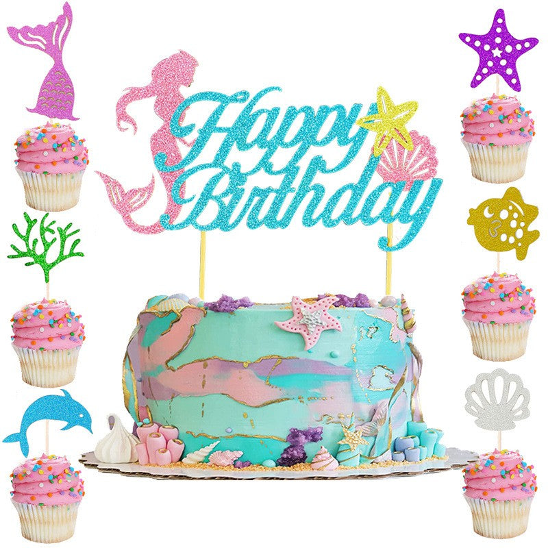 Set Toppere pentru Tort si Prajituri, Vivimall, Tematica Sirena, Model Mare Scris Happy Birthday 16.5x8.2 cm, 6 Toppere Mici Model Marin 5x5 cm, Multicolor - vivimall.ro