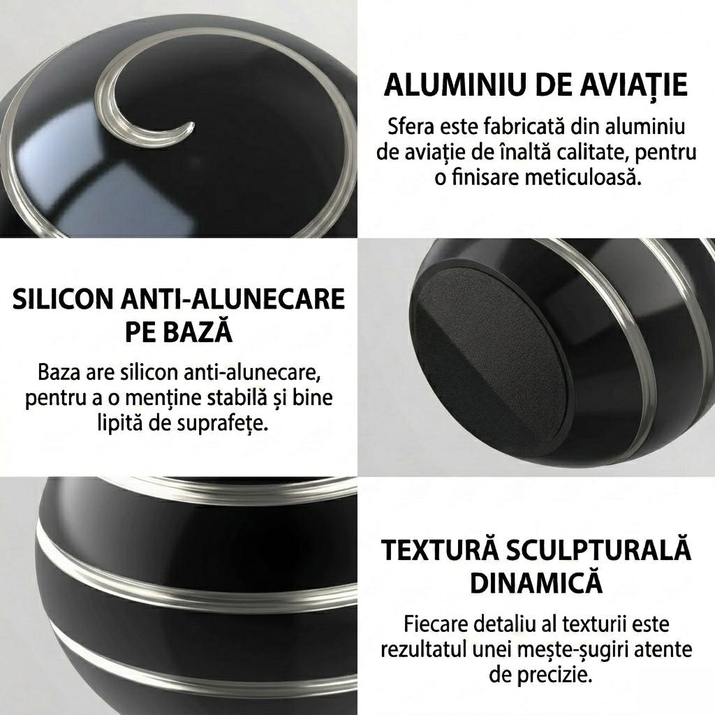 Sferă Fidget Spinner Metalic Flippy negru, detaliu rulment inox pentru rotație fluidă