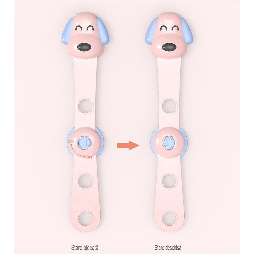 Siguranta pentru Usi Copii, Vivimall, Sistem de Blocare Sertare, Dulap, Frigider, Adeziv, cu Sistem de Inchidere Dublu, Model Catelus, Roz - vivimall.ro