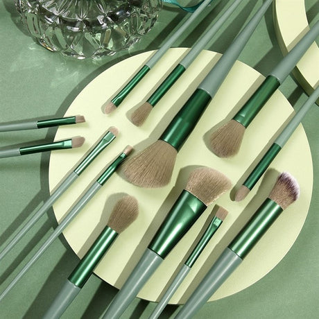 Set 13 Pensule Pentru Machiaj, Super Soft, Makeup Profesional/Incepatori, Verde - vivimall.ro