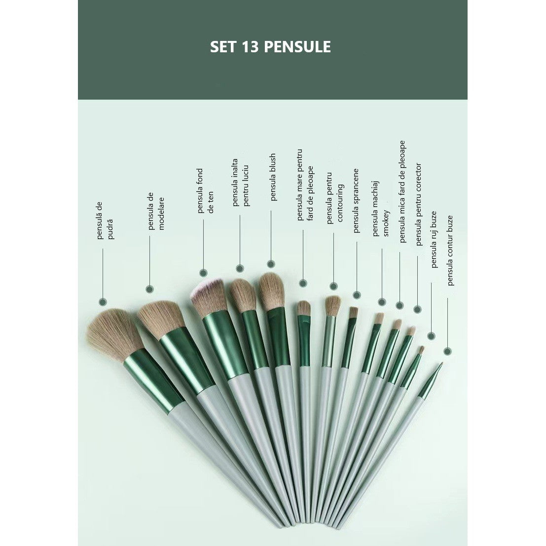 Set 13 pensule pentru machiaj, Vivimall, super soft, makeup profesional/incepatori, verde - vivimall.ro