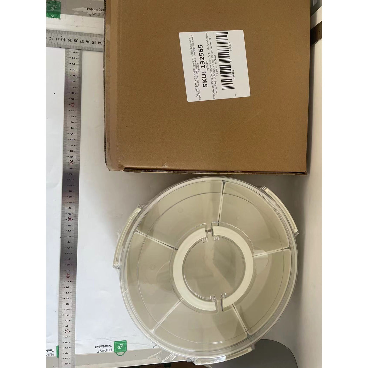 Cutie de Depozitare pentru Alimente, Vivimall, cu 6 Compartimente, pentru Condimente, Fructe, Legume, cu Manere de Prindere, Rotativa 360 de Grade, Inchidere Ermetica, 32x10 cm, Alba - vivimall.ro