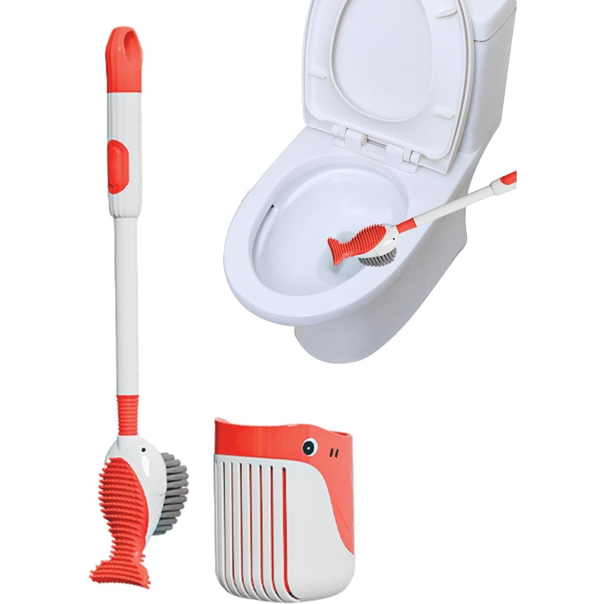 Perie de Toaleta, Flippy, cu Suport de Perete, Recipient Detergent, 2 Tipuri de Perii, Model Balena, Rosu