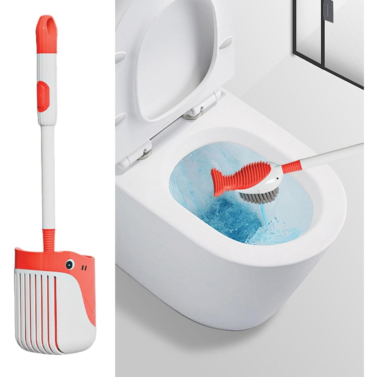 Perie de Toaleta, Flippy, cu Suport de Perete, Recipient Detergent, 2 Tipuri de Perii, Model Balena, Rosu