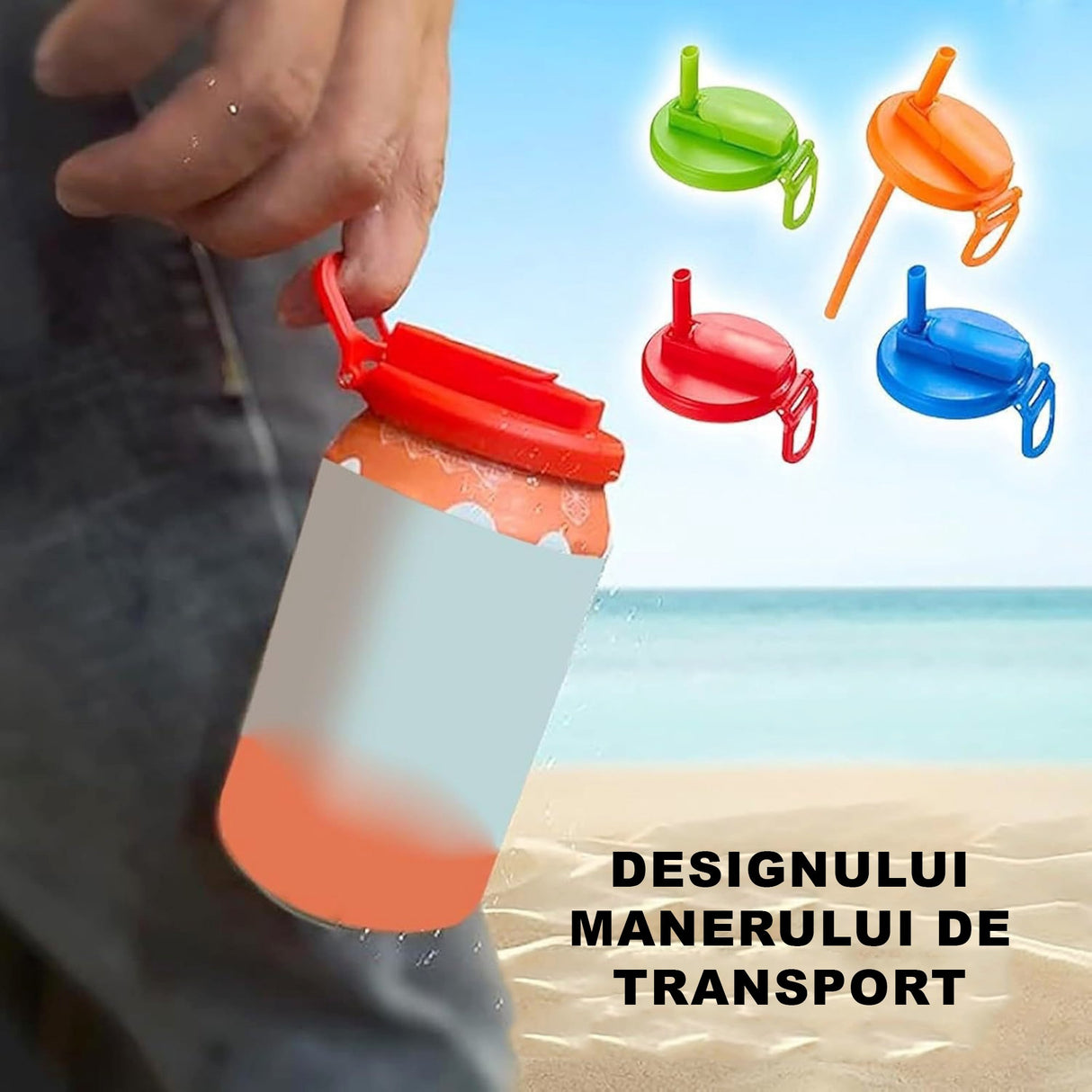 Capac Anti Varsare pentru Doze, Flippy, Model cu Pai Transparent, Reutilizabil, din Plastic, cu Maner Transportabil, 5.4 cm, Rozov - vivimall.ro