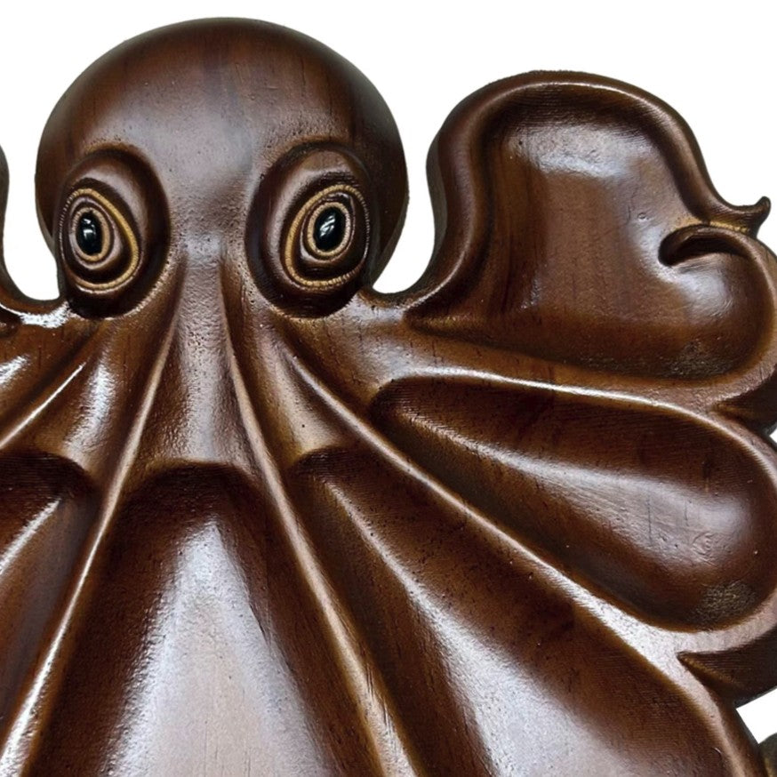 Platou pentru Servire, Flippy, in Forma de Caracatita, 8 Compartimente pentru Mezeluri Branzeturi Snacksuri, Design Artistic, din Lemn Masiv, 26 x 25 x 3 cm, Maro inchis - vivimall.ro