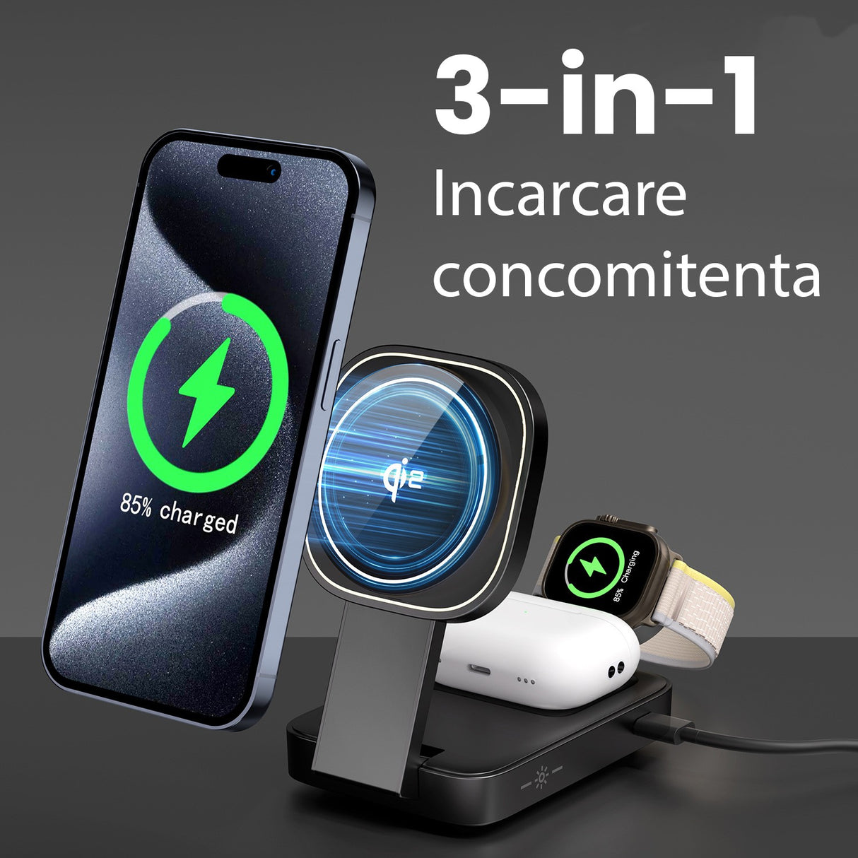 Stație wireless MagSafe 3 în 1 cu iPhone încărcat pe suport magnetic, vedere laterală