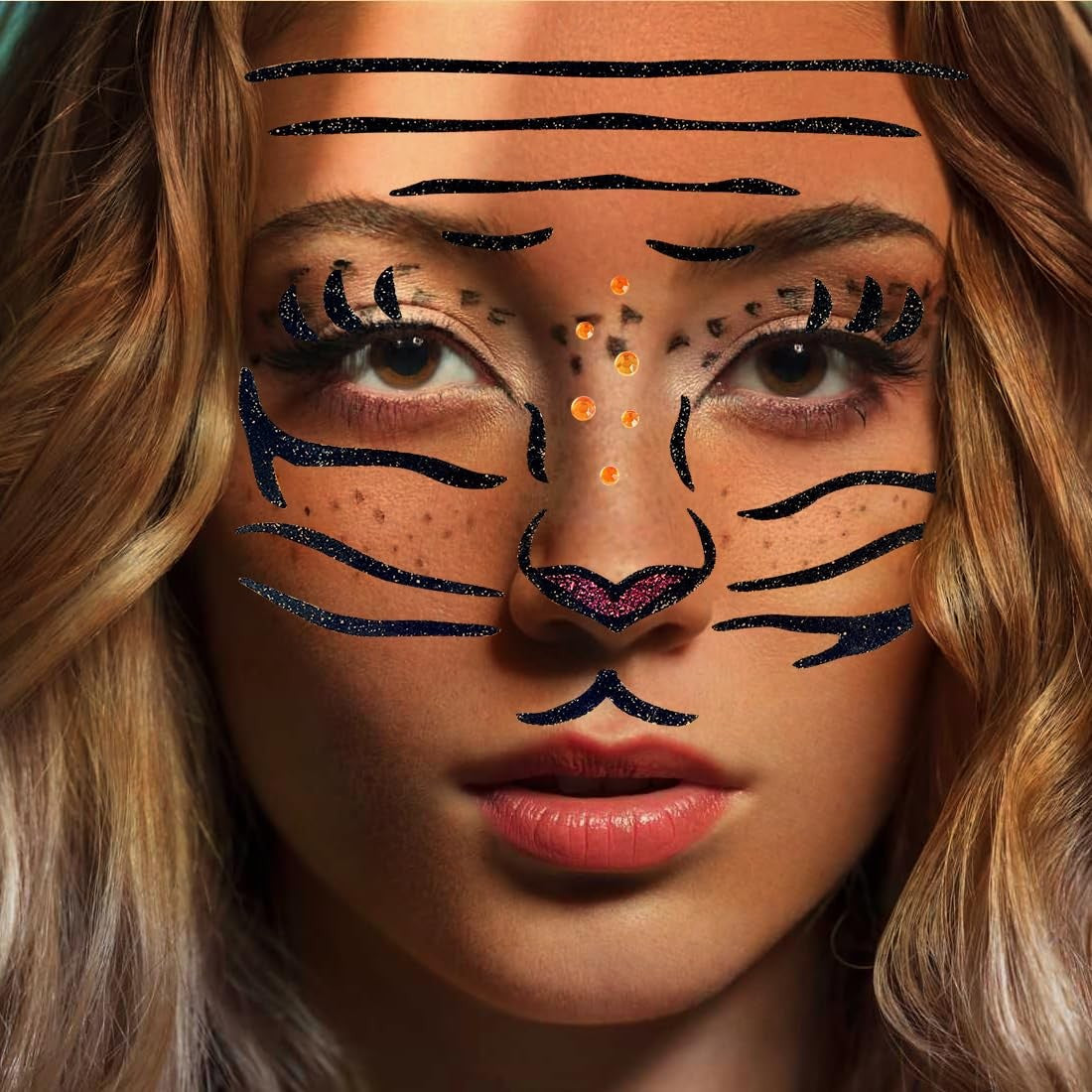 Sticker Temporar pentru Fata, Vivimall, pentru Machiaj, Face Art, Halloween, Teatru, Model Tigru, Maro - vivimall.ro