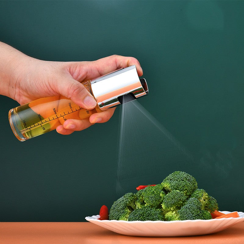 Sticla Pulverizator pentru Bucatariei, Vivimall, Spray pentru Gratar, din Sticla cu Capac din Inox, 18 x 4.2 cm, volum 100 ml, Trasnparenta cu Capac Gri - vivimall.ro