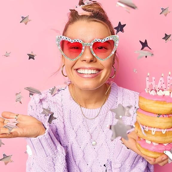 Ochelari Decorativi, Vivimall, Model Birthday Queen, cu Diamante, pentru Aniversari, din PC, 15.3 x 5.7 x 14.5 cm, Roz - vivimall.ro