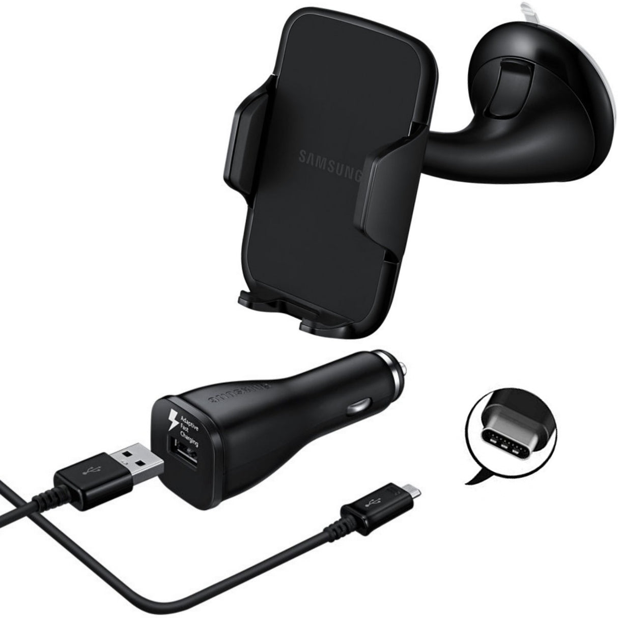 Suport auto parbriz Samsung EE-V200 + Incarcator auto Samsung EP-LN915UB cu cablu Type C detasabil inclus, Negru - vivimall.ro