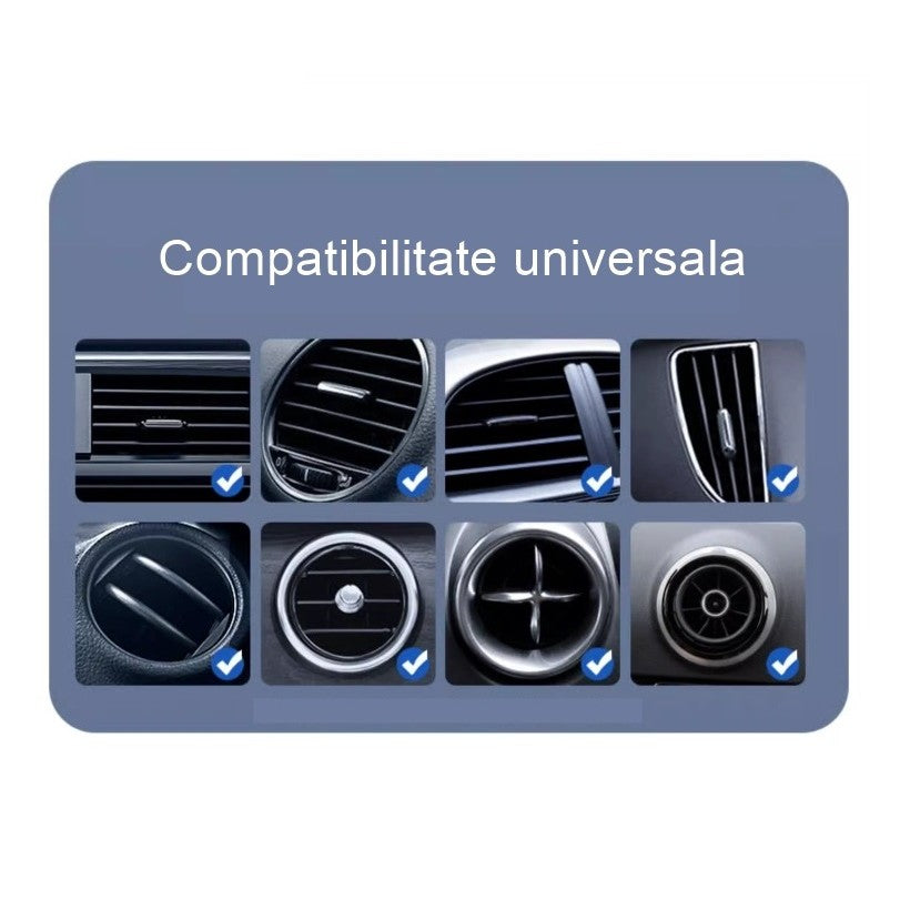 Suport Auto Telefon Flippy, Prindere Grila Ventilatie, Tija Fixare Reglabila, Rotativ 90 grade, Design Modern, Detalii Fine, Material Plastic si Silicon, 11 x 8.5 cm, Negru - vivimall.ro