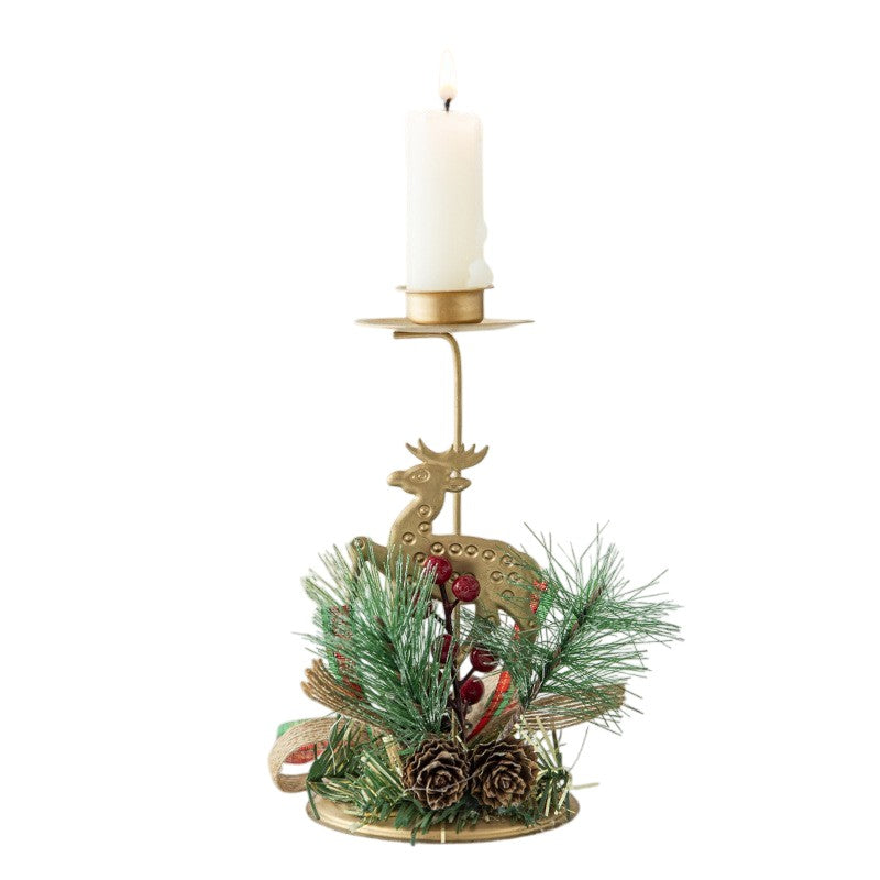 Suport Decorativ pentru Lumanare de Craciun, Flippy, Ornament pentru Lumanare, Model Ren Auriu cu Crengute de Brad, din Art Metal, pentru Masa, fara Lumanare 15 x 8 cm, Auriu - vivimall.ro