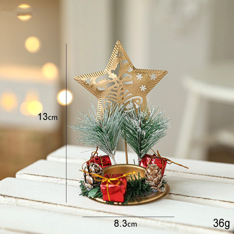 Suport Decorativ pentru Lumanare de Craciun, Flippy, Ornament pentru Lumanare pe Masa, Model Stea cu Clopotei si Crengute de Brad, din Art Metal, fara Lumanare 13 x 8.3 cm, Auriu - vivimall.ro