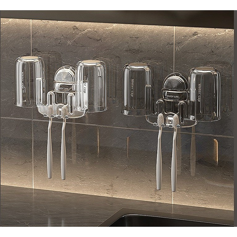 Suport Multifunctional Dublu, Pahar si Suport pentru Periuta de Dinti, Vivimall, Plastic, 11 cm x 11.5 cm, Transparent - vivimall.ro