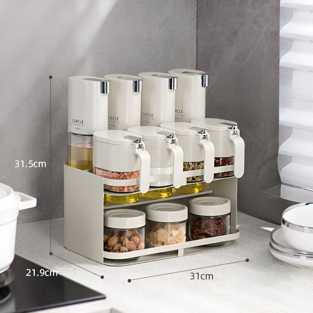 Suport pentru Depozitare Condimente, Ulei, Otet, Vivimall, Montare pe Perete din 12 Piese, Uz Casnic, pentru Bucatarie, 31 x 21.9 x 31.5cm, Alb - vivimall.ro