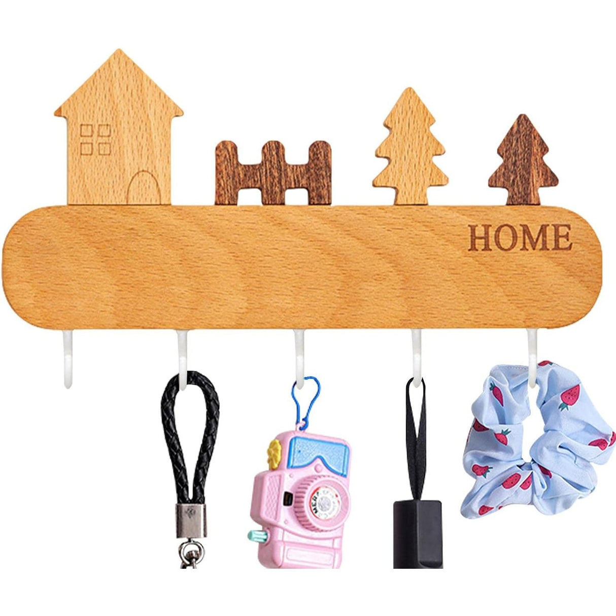 Suport pentru Chei, Vivimall, din Lemn, Aplicare fara Perforare, Adeziv Inclus, 5 Carlige Albe, Model Casuta, Greutate Suportata 5 kg, 13.5 x 23 cm, Maro - vivimall.ro